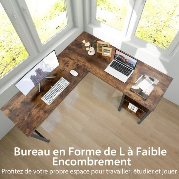 Bureau d’Angle en Forme de L Bureau d'Angle avec Plateau de Table Spacieux & 3 Étagères Gain de Place Brun rustique