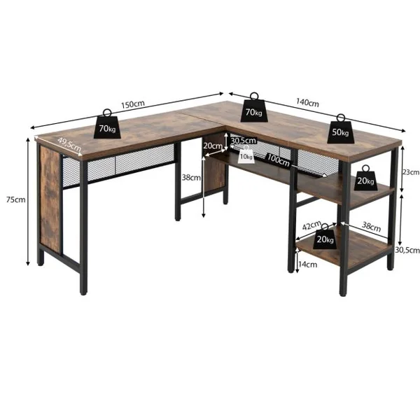 Bureau d’Angle en Forme de L Bureau d'Angle avec Plateau de Table Spacieux & 3 Étagères Gain de Place Brun rustique