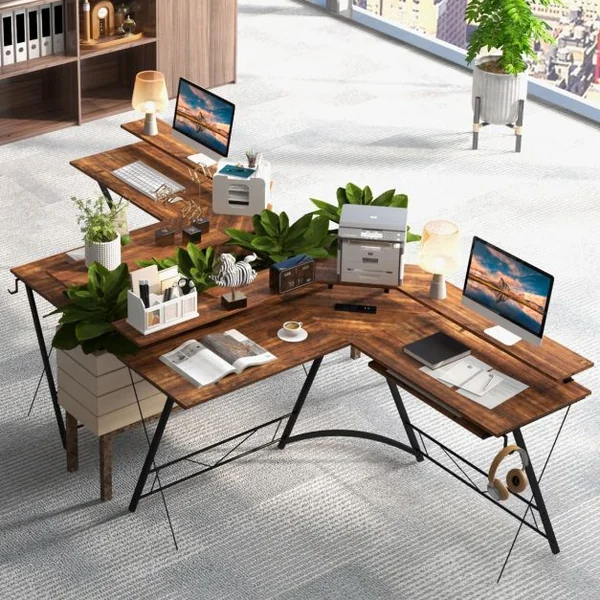 Bureau d’Angle Prise de Courant Station de Travail de 130 Cm Support d’Écran Plateau pour Clavier Crochet Bureau Ergonomique Marron