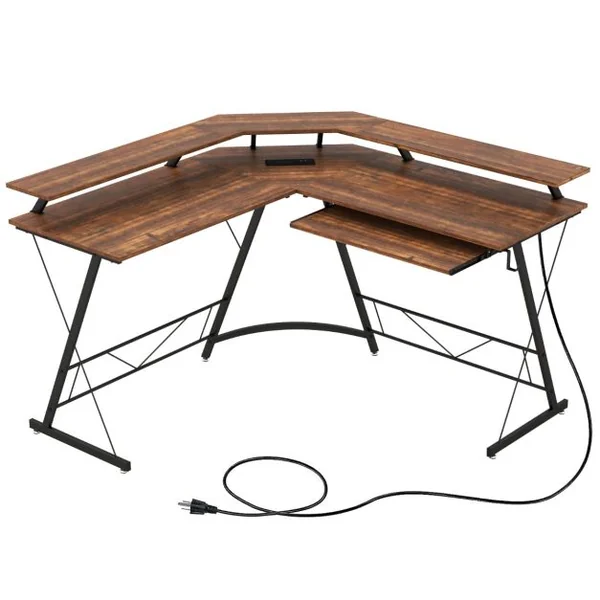 Bureau d’Angle Prise de Courant Station de Travail de 130 Cm Support d’Écran Plateau pour Clavier Crochet Bureau Ergonomique Marron