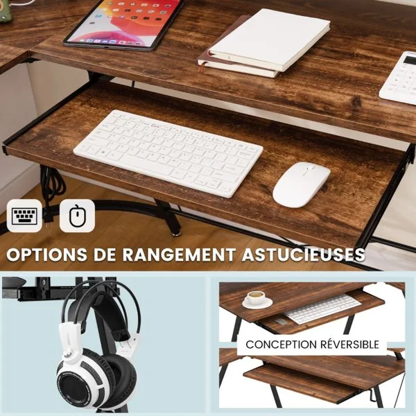 Bureau d’Angle Prise de Courant Station de Travail de 130 Cm Support d’Écran Plateau pour Clavier Crochet Bureau Ergonomique Marron