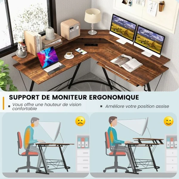 Bureau d’Angle Prise de Courant Station de Travail de 130 Cm Support d’Écran Plateau pour Clavier Crochet Bureau Ergonomique Marron