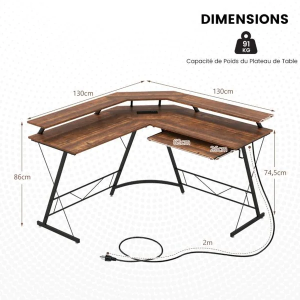 Bureau d’Angle Prise de Courant Station de Travail de 130 Cm Support d’Écran Plateau pour Clavier Crochet Bureau Ergonomique Marron