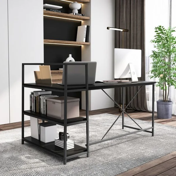 Bureau d'angle Réversible avec Étagère Rangement Table Ordinateur en Forme L avec Bibliothèque 148 x 100 x 90 cm Noir Naturel