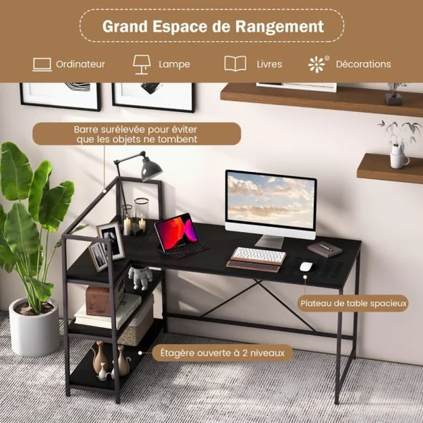 Bureau d'angle Réversible avec Étagère Rangement Table Ordinateur en Forme L avec Bibliothèque 148 x 100 x 90 cm Noir Naturel