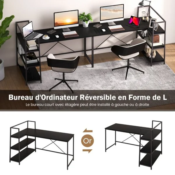 Bureau d'angle Réversible avec Étagère Rangement Table Ordinateur en Forme L avec Bibliothèque 148 x 100 x 90 cm Noir Naturel