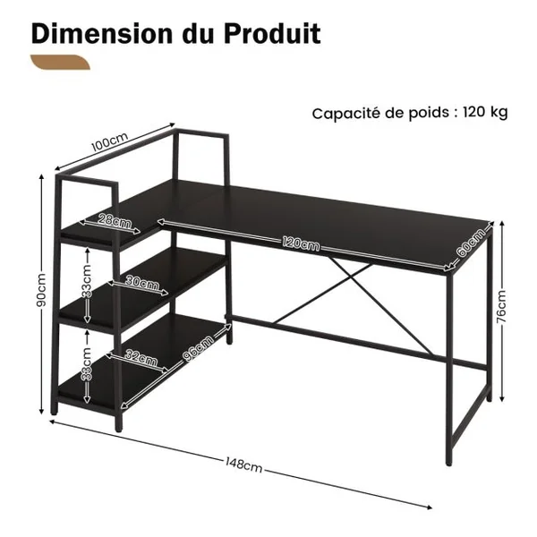 Bureau d'angle Réversible avec Étagère Rangement Table Ordinateur en Forme L avec Bibliothèque 148 x 100 x 90 cm Noir Naturel