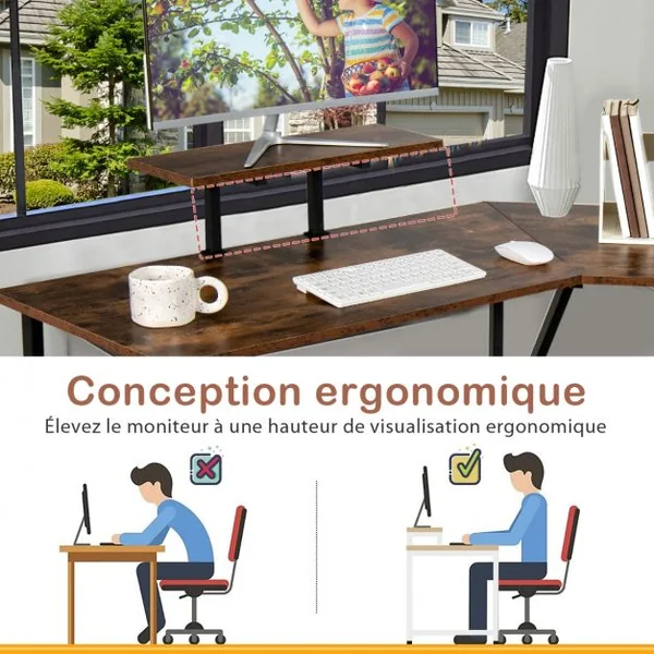 Bureau d’Angle Table Informatique en Forme de L avec Support Mobile d’Écran de PC pour le Travail l'Écriture et les Jeux Marron Rustique