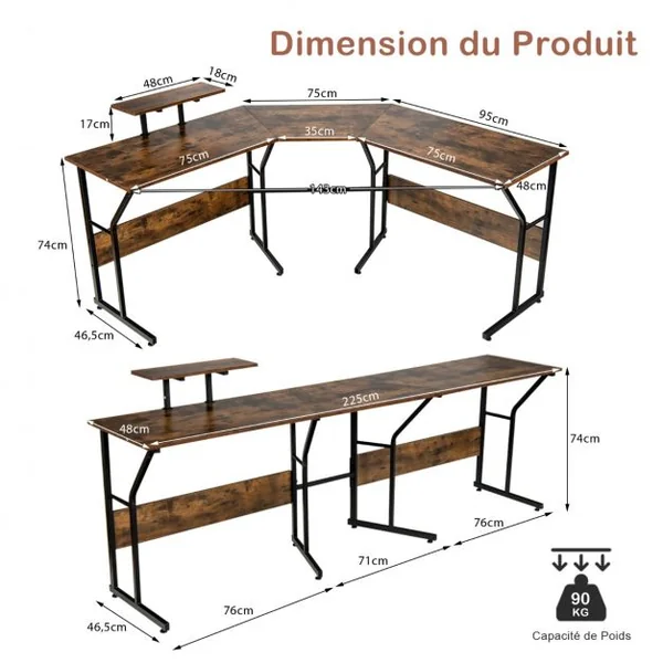 Bureau d’Angle Table Informatique en Forme de L avec Support Mobile d’Écran de PC pour le Travail l'Écriture et les Jeux Marron Rustique
