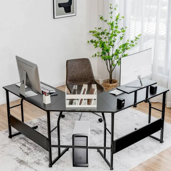 Bureau d’Angle Table Informatique en Forme de L avec Support Mobile d’Écran de PC pour le Travail l'Écriture et les Jeux Noir