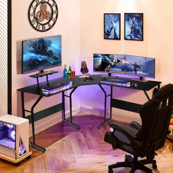 Bureau d’Angle Table Informatique en Forme de L avec Support Mobile d’Écran de PC pour le Travail l'Écriture et les Jeux Noir