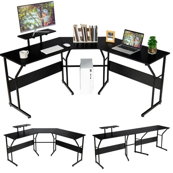 Bureau d’Angle Table Informatique en Forme de L avec Support Mobile d’Écran de PC pour le Travail l'Écriture et les Jeux Noir