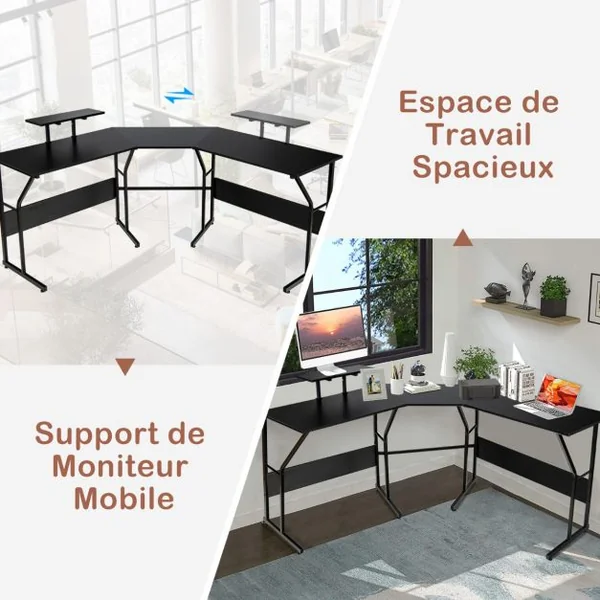 Bureau d’Angle Table Informatique en Forme de L avec Support Mobile d’Écran de PC pour le Travail l'Écriture et les Jeux Noir