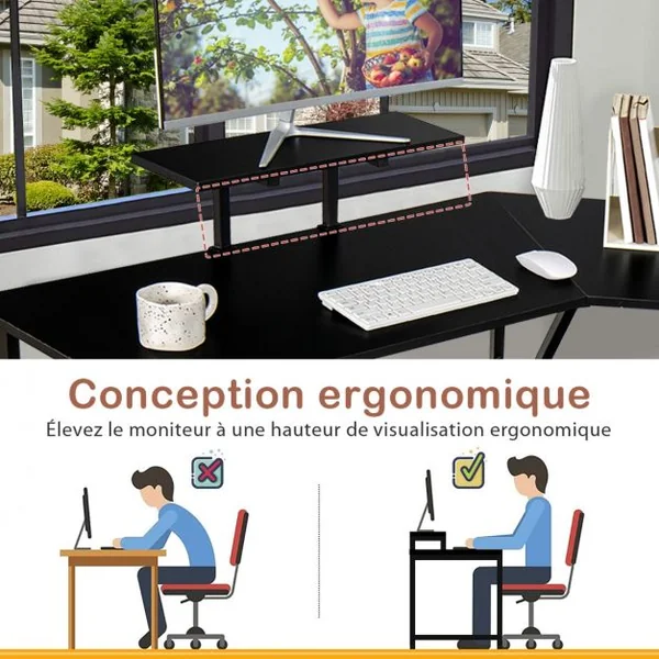 Bureau d’Angle Table Informatique en Forme de L avec Support Mobile d’Écran de PC pour le Travail l'Écriture et les Jeux Noir