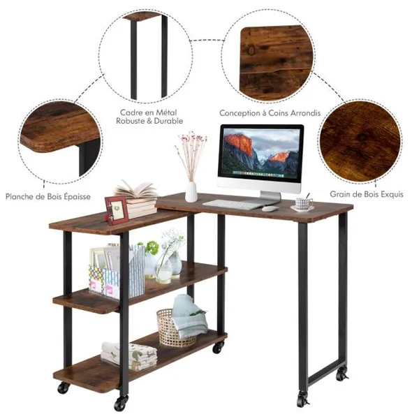 Bureau d'Angle à Roulettes pour Ordinateur Bureau en Forme L avec 3 Etagères Cadre en Métal Café