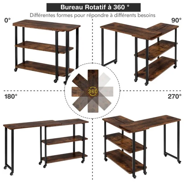 Bureau d'Angle à Roulettes pour Ordinateur Bureau en Forme L avec 3 Etagères Cadre en Métal Café