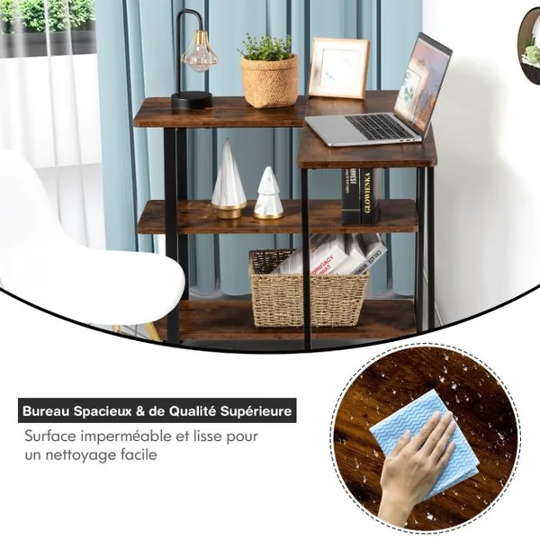 Bureau d'Angle à Roulettes pour Ordinateur Bureau en Forme L avec 3 Etagères Cadre en Métal Café