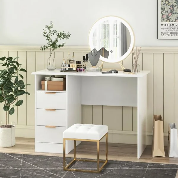 Bureau de 105 cm avec Station de Charge Intégrée 3 Tiroirs Etagère Ouverte Poste de Travail Moderne avec Rangement Blanc