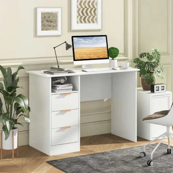 Bureau de 105 cm avec Station de Charge Intégrée 3 Tiroirs Etagère Ouverte Poste de Travail Moderne avec Rangement Blanc