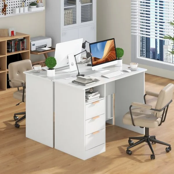 Bureau de 105 cm avec Station de Charge Intégrée 3 Tiroirs Etagère Ouverte Poste de Travail Moderne avec Rangement Blanc