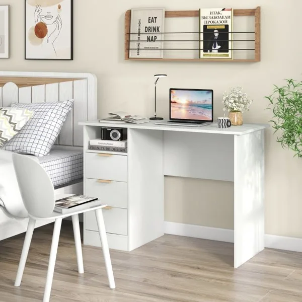 Bureau de 105 cm avec Station de Charge Intégrée 3 Tiroirs Etagère Ouverte Poste de Travail Moderne avec Rangement Blanc