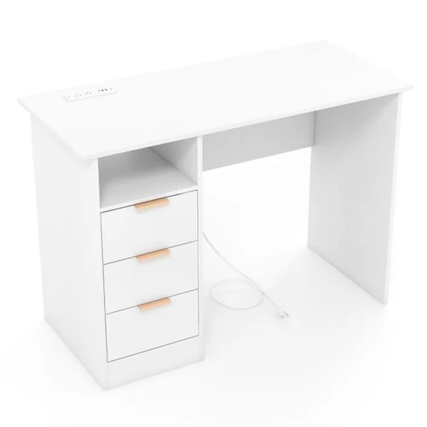 Bureau de 105 cm avec Station de Charge Intégrée 3 Tiroirs Etagère Ouverte Poste de Travail Moderne avec Rangement Blanc
