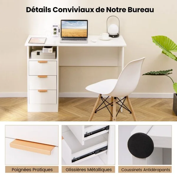 Bureau de 105 cm avec Station de Charge Intégrée 3 Tiroirs Etagère Ouverte Poste de Travail Moderne avec Rangement Blanc