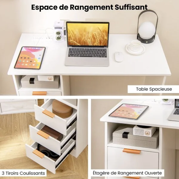 Bureau de 105 cm avec Station de Charge Intégrée 3 Tiroirs Etagère Ouverte Poste de Travail Moderne avec Rangement Blanc