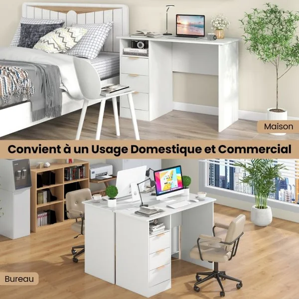 Bureau de 105 cm avec Station de Charge Intégrée 3 Tiroirs Etagère Ouverte Poste de Travail Moderne avec Rangement Blanc