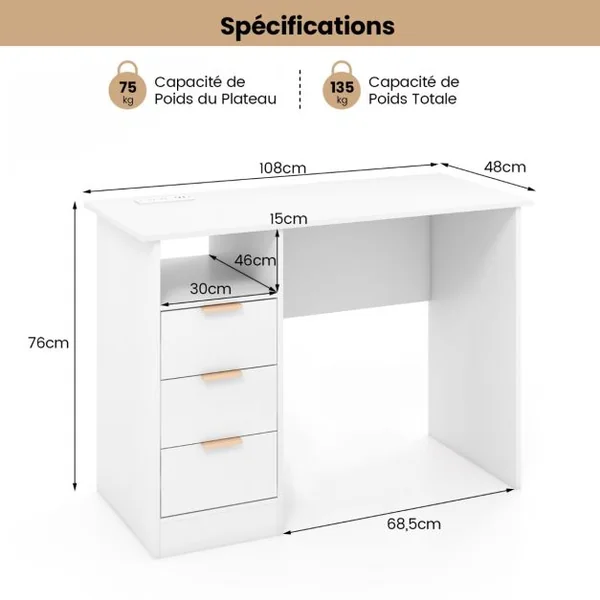 Bureau de 105 cm avec Station de Charge Intégrée 3 Tiroirs Etagère Ouverte Poste de Travail Moderne avec Rangement Blanc