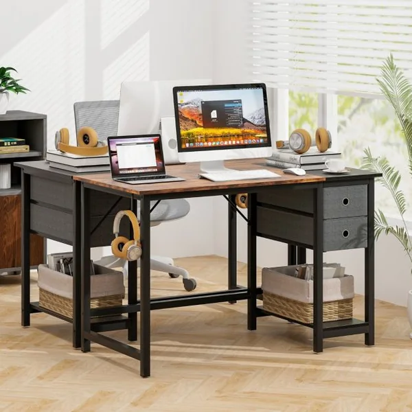 Bureau de 120 Cm Poste de Travail Informatique Moderne avec 2 Tiroirs Crochet de Suspension Étagère de Rangement Marron Rustique et Noir