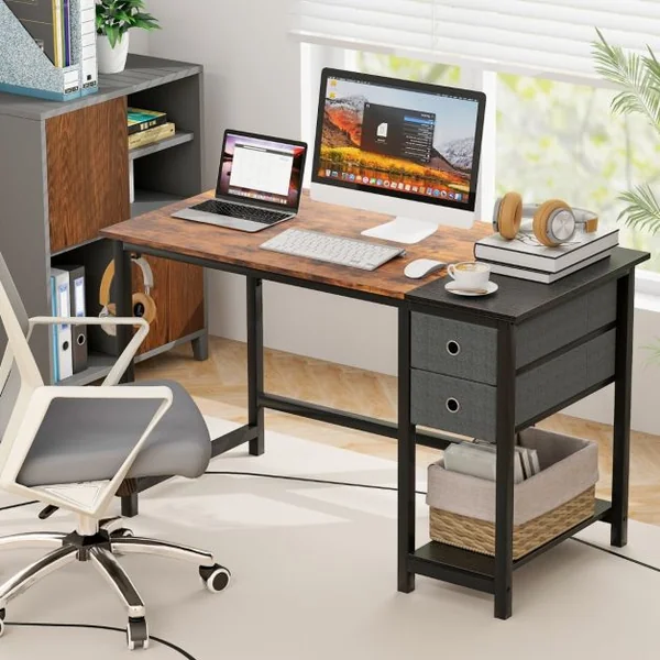 Bureau de 120 Cm Poste de Travail Informatique Moderne avec 2 Tiroirs Crochet de Suspension Étagère de Rangement Marron Rustique et Noir