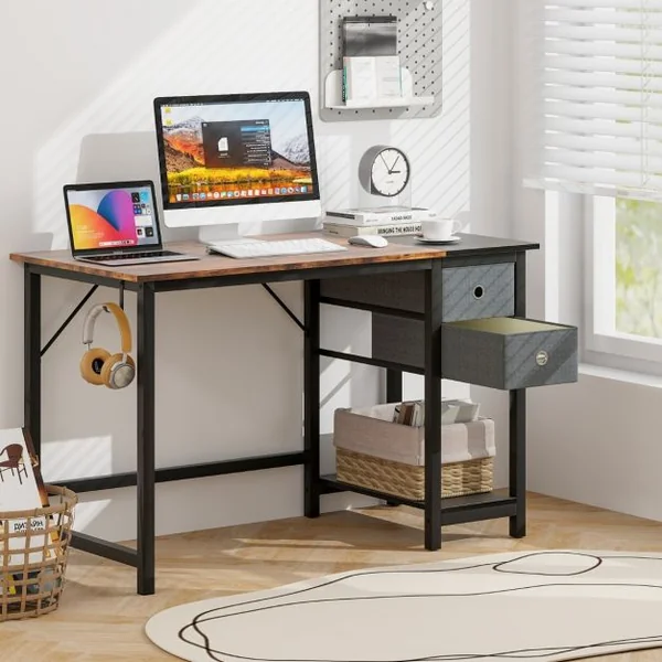 Bureau de 120 Cm Poste de Travail Informatique Moderne avec 2 Tiroirs Crochet de Suspension Étagère de Rangement Marron Rustique et Noir