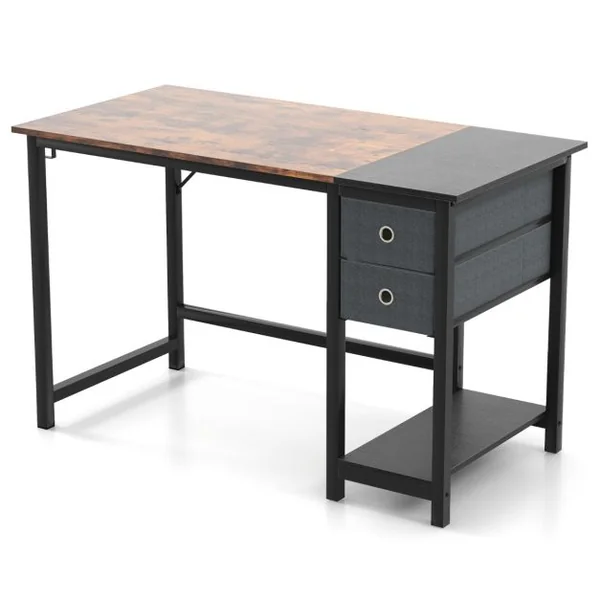 Bureau de 120 Cm Poste de Travail Informatique Moderne avec 2 Tiroirs Crochet de Suspension Étagère de Rangement Marron Rustique et Noir