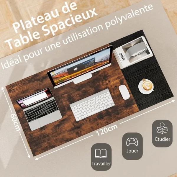 Bureau de 120 Cm Poste de Travail Informatique Moderne avec 2 Tiroirs Crochet de Suspension Étagère de Rangement Marron Rustique et Noir