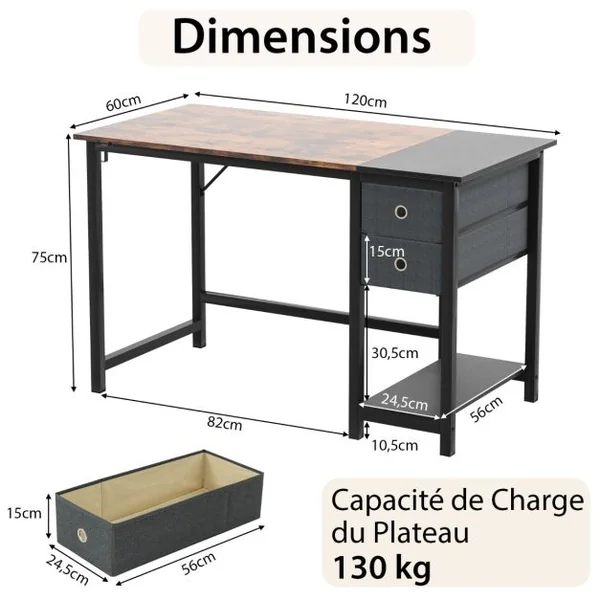 Bureau de 120 Cm Poste de Travail Informatique Moderne avec 2 Tiroirs Crochet de Suspension Étagère de Rangement Marron Rustique et Noir