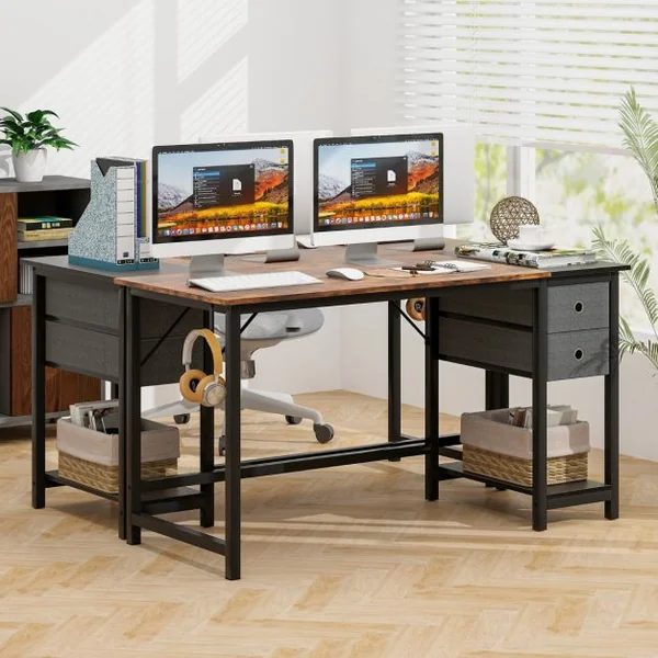 Bureau de 140 Cm Poste de Travail Informatique Moderne avec 2 Tiroirs Crochet de Suspension Étagère de Rangement Marron Rustique et Noir