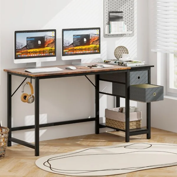 Bureau de 140 Cm Poste de Travail Informatique Moderne avec 2 Tiroirs Crochet de Suspension Étagère de Rangement Marron Rustique et Noir