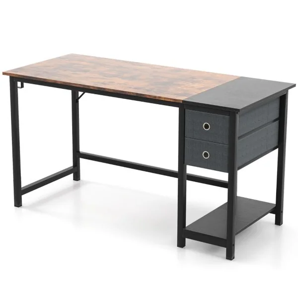 Bureau de 140 Cm Poste de Travail Informatique Moderne avec 2 Tiroirs Crochet de Suspension Étagère de Rangement Marron Rustique et Noir