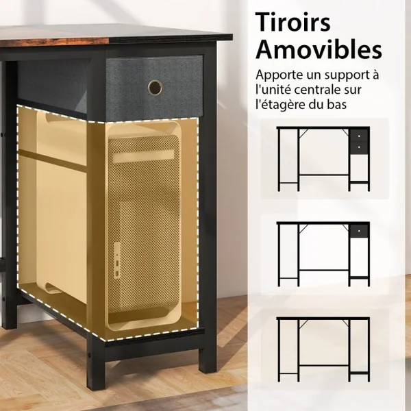 Bureau de 140 Cm Poste de Travail Informatique Moderne avec 2 Tiroirs Crochet de Suspension Étagère de Rangement Marron Rustique et Noir