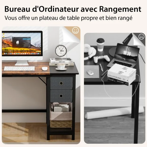 Bureau de 140 Cm Poste de Travail Informatique Moderne avec 2 Tiroirs Crochet de Suspension Étagère de Rangement Marron Rustique et Noir