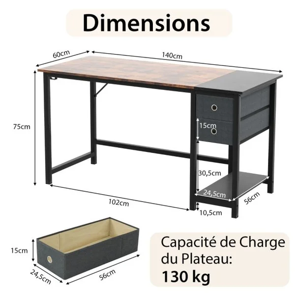 Bureau de 140 Cm Poste de Travail Informatique Moderne avec 2 Tiroirs Crochet de Suspension Étagère de Rangement Marron Rustique et Noir