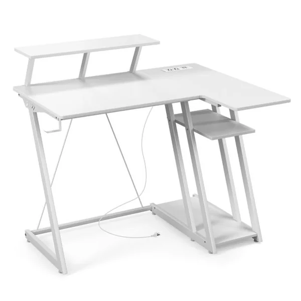 Bureau de Jeu avec Prises et Ports USB Petit Bureau avec Etagère pour Ecran Crochet Etagère de Rangement Support UC Rose