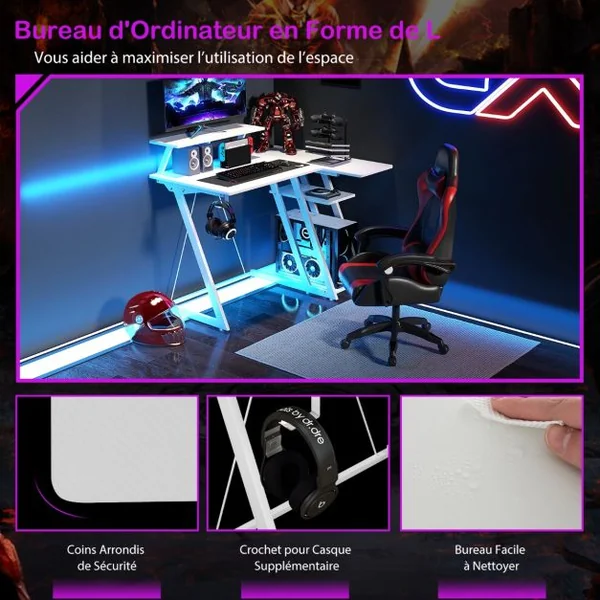 Bureau de Jeu avec Prises et Ports USB Petit Bureau avec Etagère pour Ecran Crochet Etagère de Rangement Support UC Rose