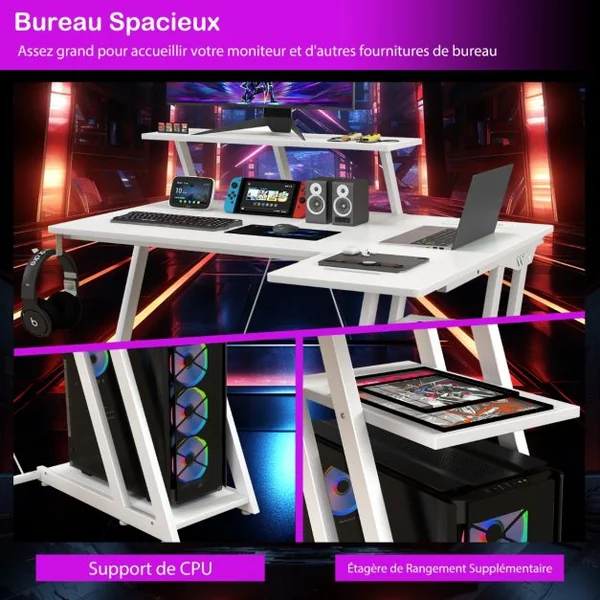 Bureau de Jeu avec Prises et Ports USB Petit Bureau avec Etagère pour Ecran Crochet Etagère de Rangement Support UC Rose
