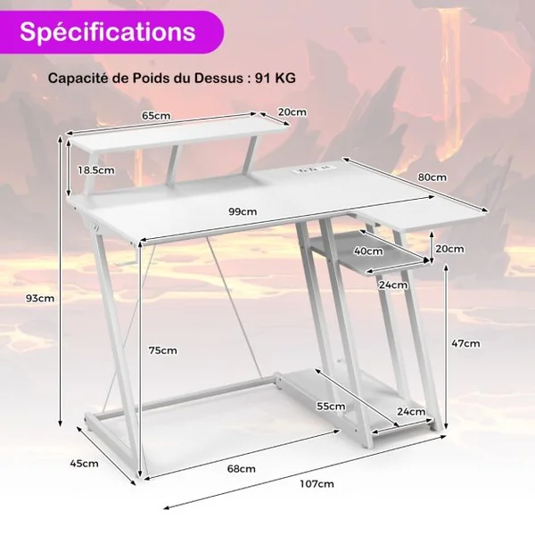 Bureau de Jeu avec Prises et Ports USB Petit Bureau avec Etagère pour Ecran Crochet Etagère de Rangement Support UC Rose