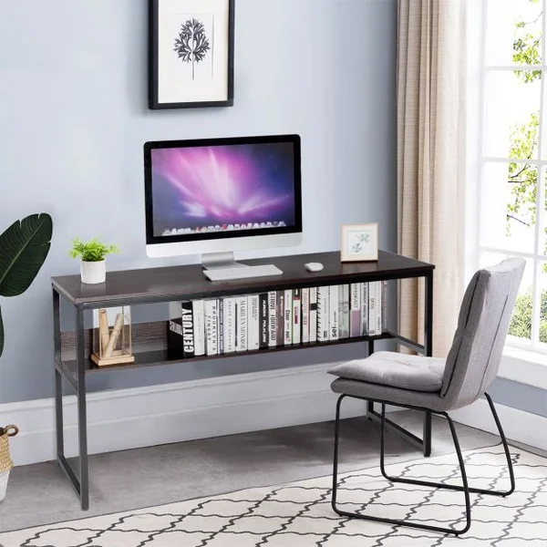 Bureau de Style Industriel L 140 X P 60 X H 76 cm avec Etagère de Rangement Cadre en Métal Café