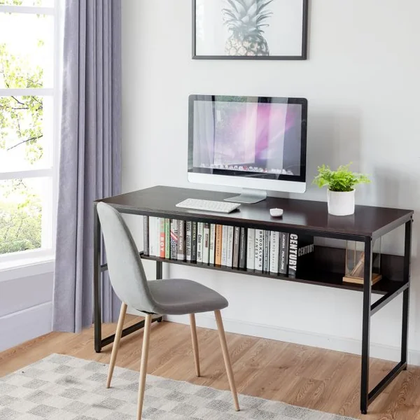 Bureau de Style Industriel L 140 X P 60 X H 76 cm avec Etagère de Rangement Cadre en Métal Café
