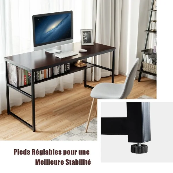 Bureau de Style Industriel L 140 X P 60 X H 76 cm avec Etagère de Rangement Cadre en Métal Café