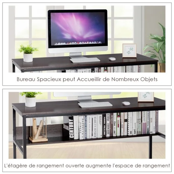 Bureau de Style Industriel L 140 X P 60 X H 76 cm avec Etagère de Rangement Cadre en Métal Café